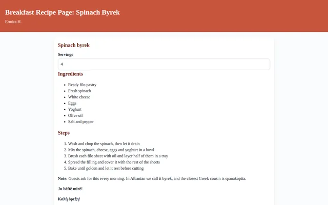 Screenshot of Breakfast Recipe Page: Spinach Byrek