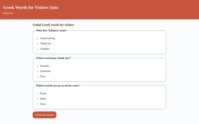 Screenshot of Greek Words for Visitors Quiz