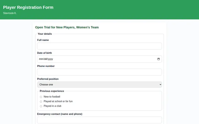 Screenshot of Player Registration Form