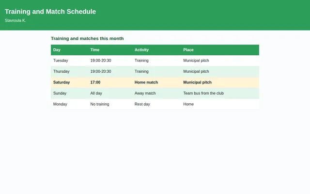 Screenshot of Training and Match Schedule