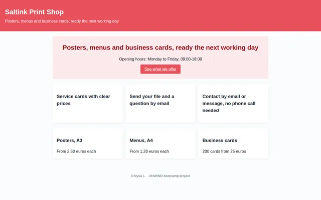 Screenshot of Landing Page for a Print Shop