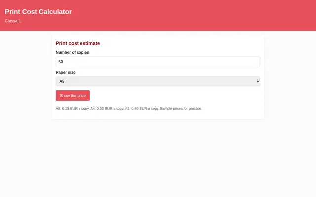 Screenshot of Print Cost Calculator