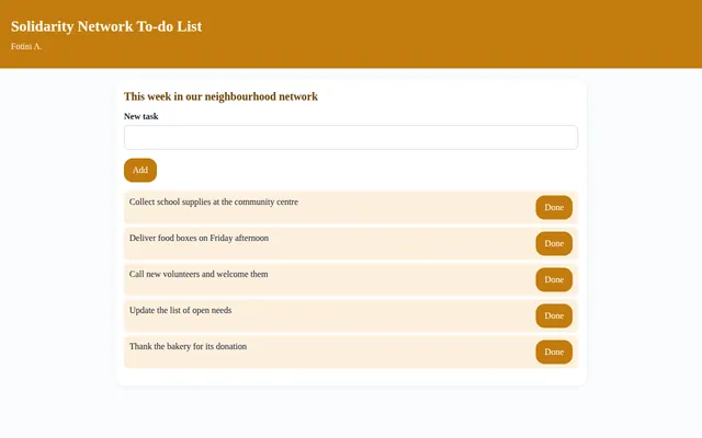 Screenshot of Solidarity Network To-do List
