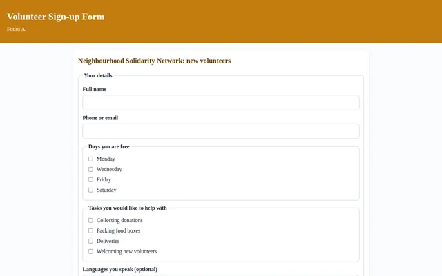 Screenshot of Volunteer Sign-up Form