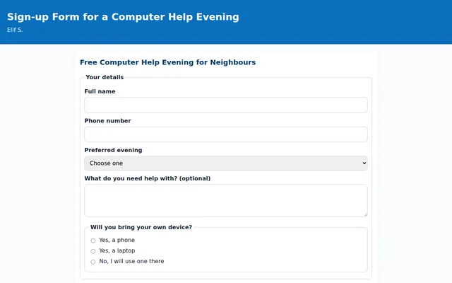 Screenshot of Sign-up Form for a Computer Help Evening