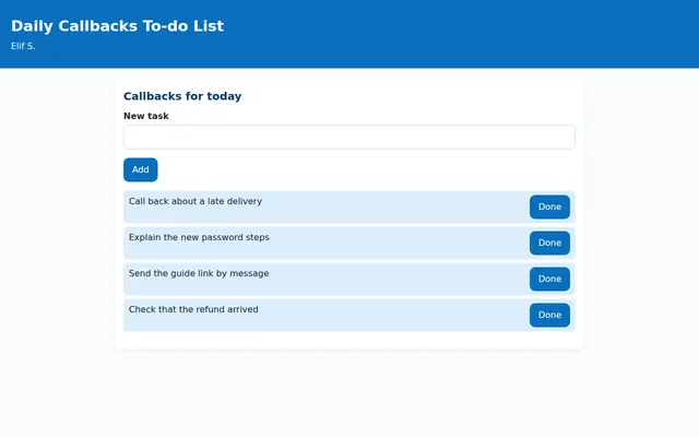Screenshot of Daily Callbacks To-do List