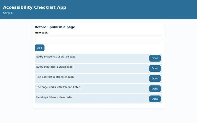 Screenshot of Accessibility Checklist App