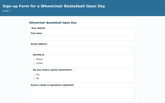 Screenshot of Sign-up Form for a Wheelchair Basketball Open Day