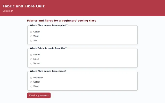 Screenshot of Fabric and Fibre Quiz