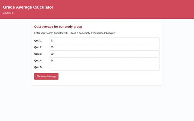 Screenshot of Grade Average Calculator