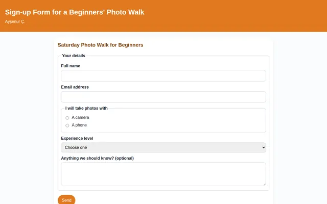 Screenshot of Sign-up Form for a Beginners' Photo Walk